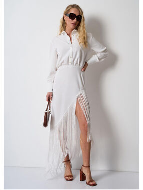 White Fringe Asymmetrical Midi Dress Elegant Statement Dress
